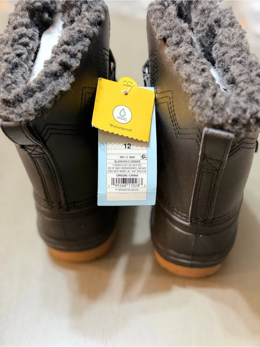 Jump Black Kids Waterproof Winter Boots with Gray Faux Fur Collar